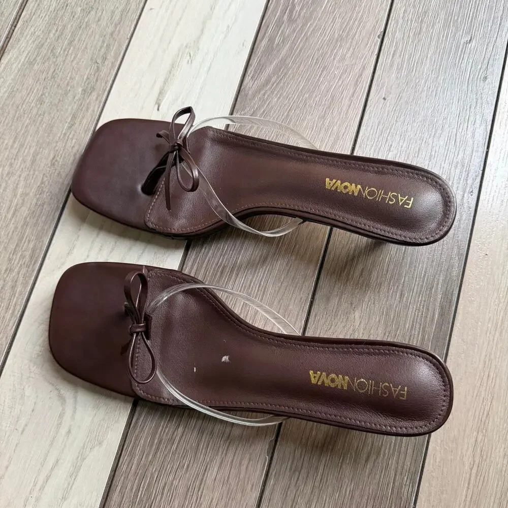 Fashion Nova Clear Strap Bow Heel Sandals Brown Women’s Size 10